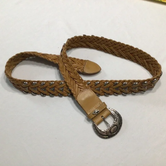 Omega Belt Large Brown Leather Woven Multicolor Boho Festival Ethnic Whipstitch OMEGA Vintage Rainbow Colorful Genuine Leather Woven Braided  main image 3